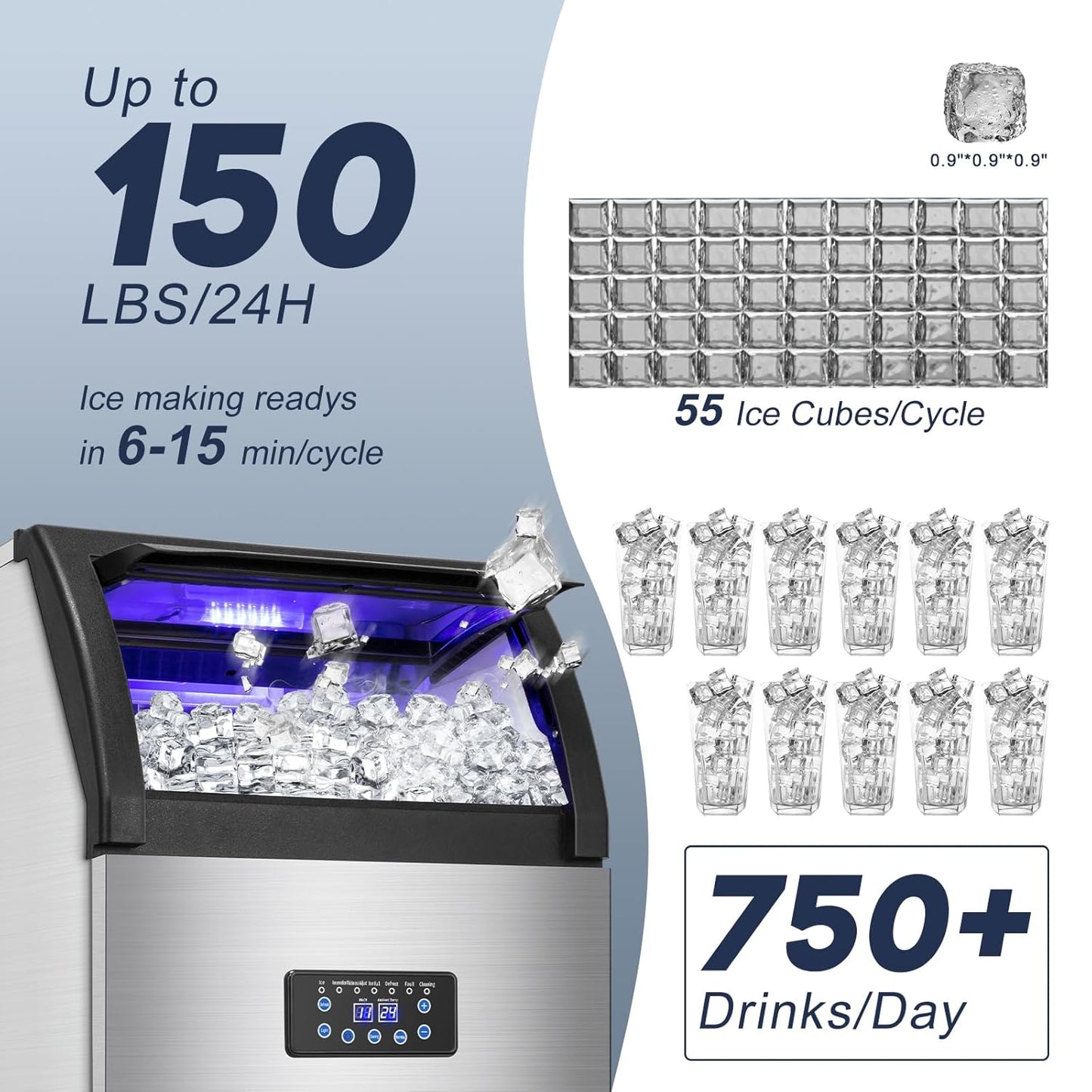 【150LBS/24H + 55 Ice Cubes/10-15 Mins】 Commercial Ice Maker - 50LBS Storage, Stainless Steel, Self-Cleaning for Home Bar Outdoor