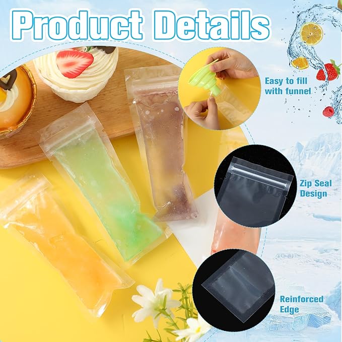 Hoolerry 600 Pcs Disposable Ice Mold Bags with 1 Silicone Funnel Freezer Tubes with Zip Seals Candy Ice Mold Yogurt Tubes Pouch for Snack Juice Fruit Smoothies Party Favor (2 x 5.1 Inch)