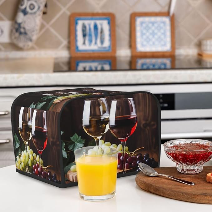 Toaster Cover 4 Slice Red Wine Glass Grapes Waterproof Appliance Cover with Hang Loop Bread Baker Toaster Cover for Kitchen