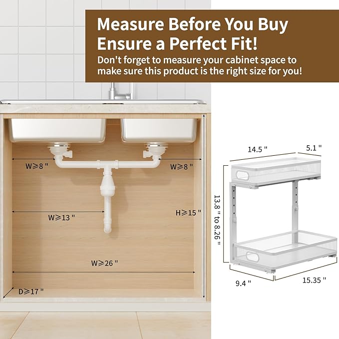 Under Sink Organizer 2 Pack, 2-Tier Slide Out Cabinet Organizer with Metal Sliding Drawer and Hooks, Pull Out Storage Baskets for Kitchen Bathroom Pantry Cabinet Organization (White)