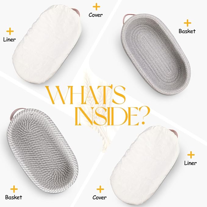Dimpola Banneton Bread Proofing Basket - Cotton Oval Banneton Basket Set of 2 Sourdough Proofing Baskets Round Proofing Bowls Handmade Rattan Baskets and Liners