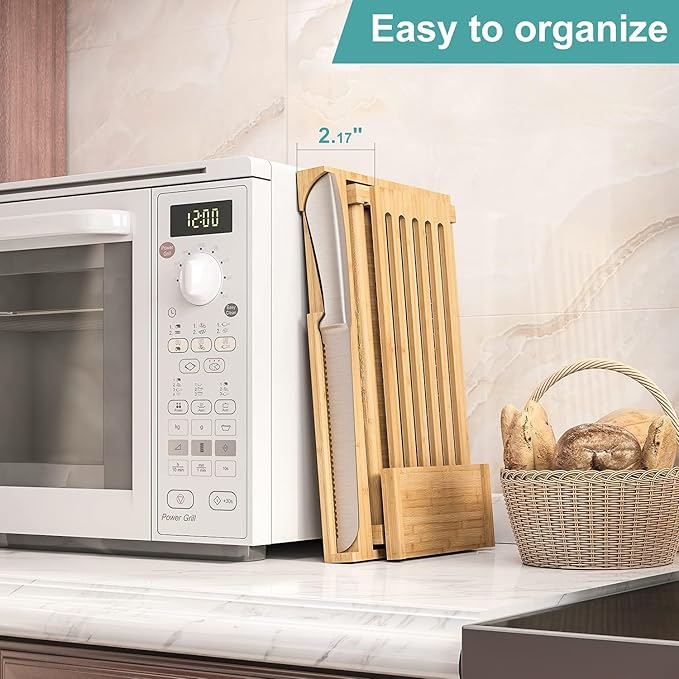 Bread Slicer for Homemade Bread,Cakes, Bagels- Bamboo Bread Slicer with Serrated Knife, Adjustable Guide for 3 Thickness Sizes, Foldable Chopping Board with Crumb Tray& Knife