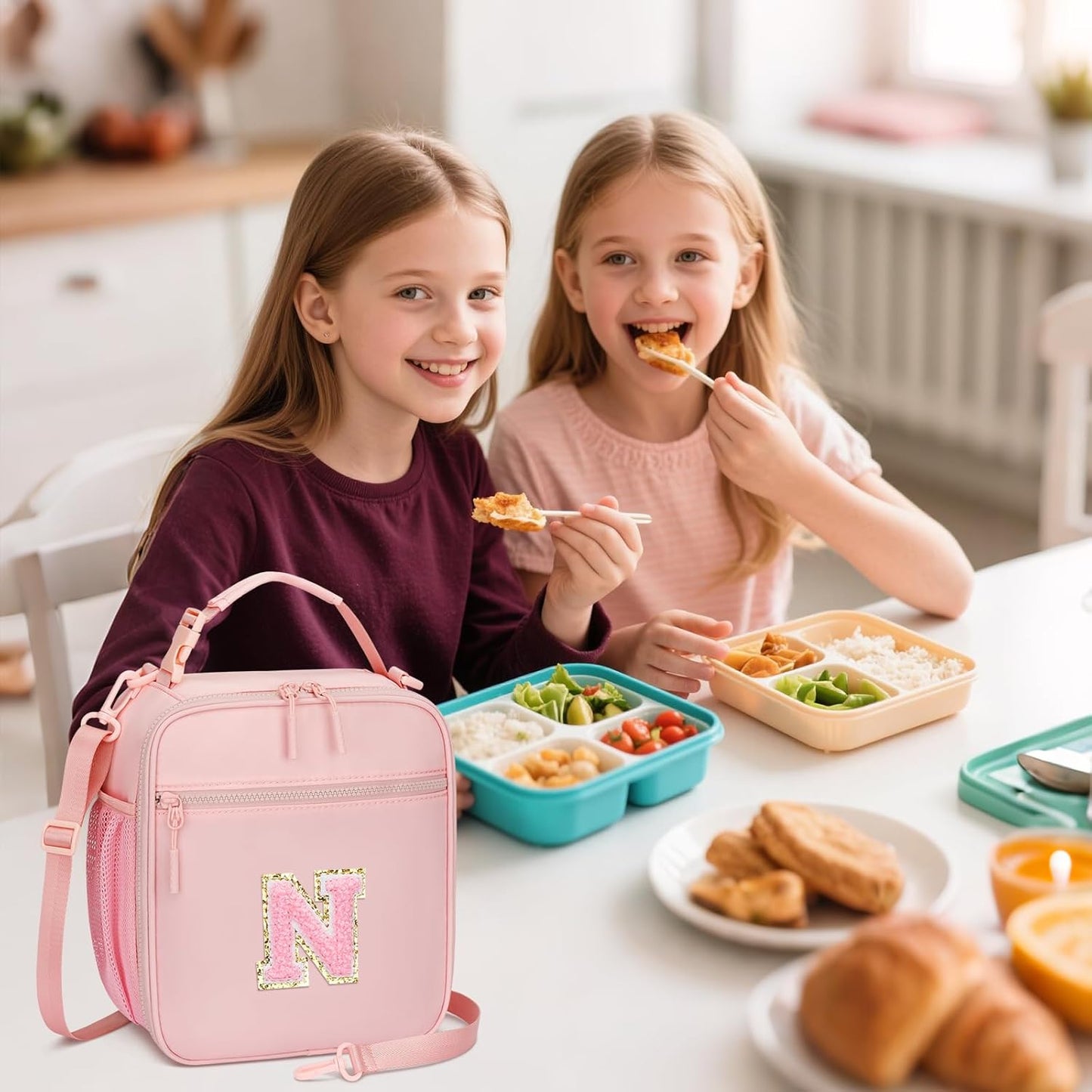 Initial Insulated Lunch Bag for Girls Kids, Back to School Gift, Reusable Leak-proof Lunch Box with Adjustable Strap for School Daycare Travel Picnic (Pink,N)