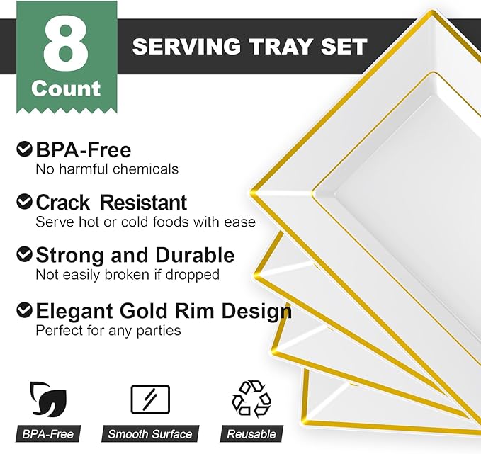 FOCUSLINE 8 PCS Plastic Serving Trays, White and Gold Rim Plastic Serving Platters, Disposable Tray for Food, Perfect for Wedding Parties