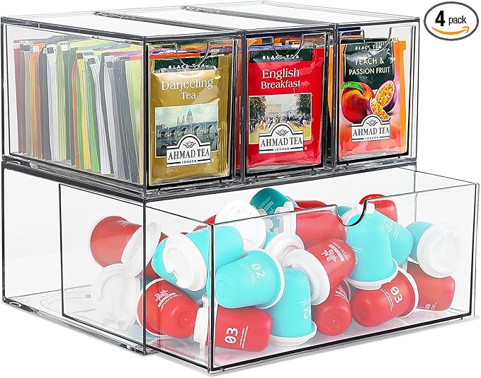 4 Tea and Coffee Organizer and Storage, Acrylic Tea Bag Holder Organizer, Plastic K Cup Drawer Container for Cabinet