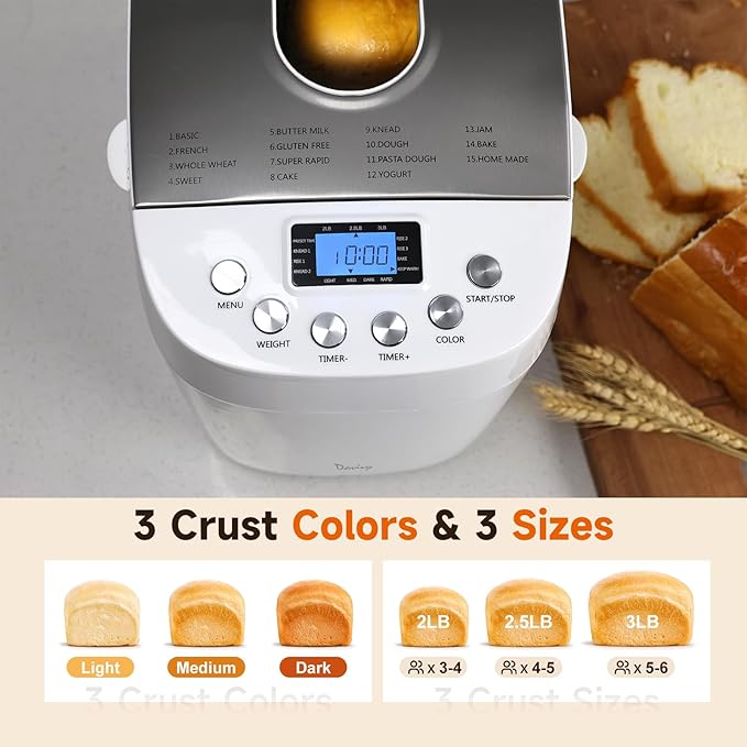 Davivy Bread Maker Machine with 2 Dough Kneading Paddles,15-in-1 Automatic Large Capacity Bread Machine Nonstick Bowl For Bread, Jam& Yogurt, 3 Loaf Sizes and 3 Crust Settings
