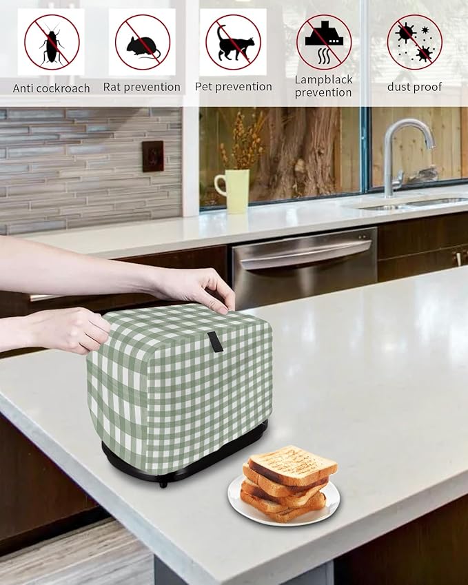 Sage Green Buffalo Plaid Toaster Cover 2 Slice, Small Kitchen Appliance Cover, Farmhouse White Checkered With Loop, Bread Machine Polyester Dust Protection