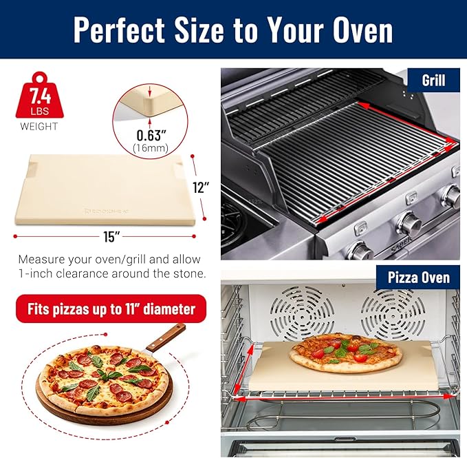 Pizza Stone for Oven and Grill, 15x12 Inch Cordierite Baking Stone with 4 Built-in Handles, 7.4lbs Heavy Duty Thermal Shock Resistant for Crispy Crust Pizza Bread Cookies BBQ