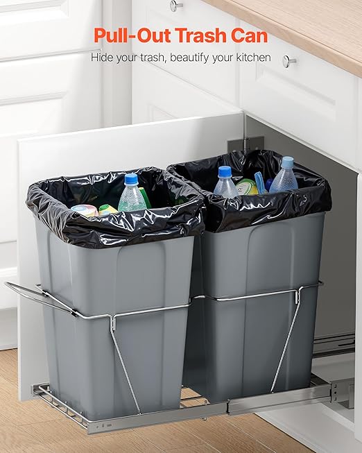 VEVOR Pullout Trash Can for Kitchen Cabinets, 27QTx2 Double Under Sink Garbage Waste Recycling Bin, Under Mount Waste Container, with Heavy Duty Metal Full Extension Sliding System and Handle Grey