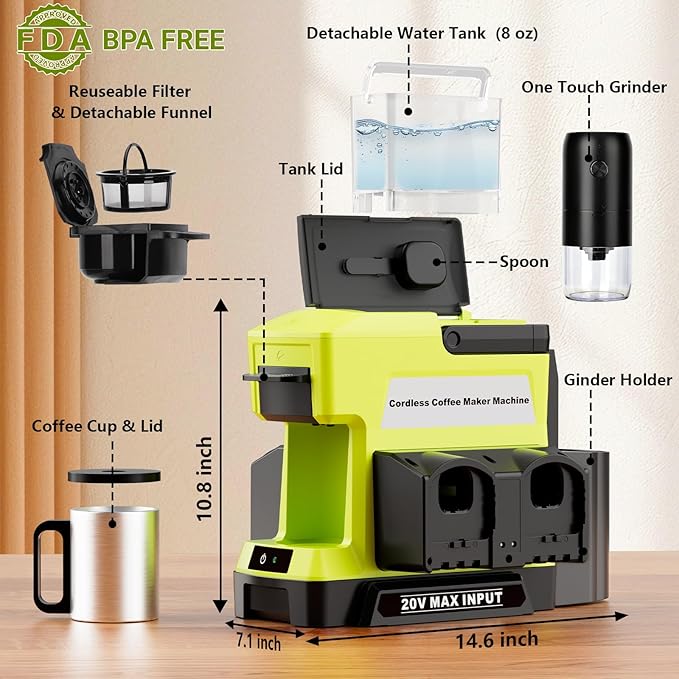Cordless Coffee Maker for Ryobi 18V Battery, 3 Brewing Options Drip Coffee Maker with Coffee Grinder, Portable Single Serve Coffee Makers for Camping, Travel, and Jobsite. (Tool Only)