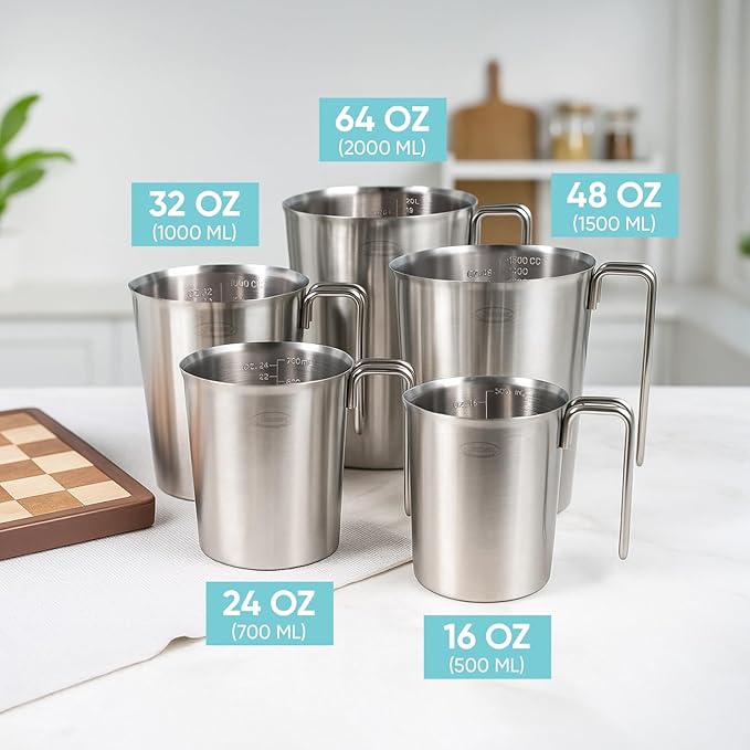 Newness 3-Pack Stainless Steel Measuring Cups Set, (3 Marking Including Cup/ML/Oz Scale) (2, 3 & 4 Cup) Metal Measuring Cup with Handle For Prepping, Baking and Cooking, Dishwasher, Microwave Safe