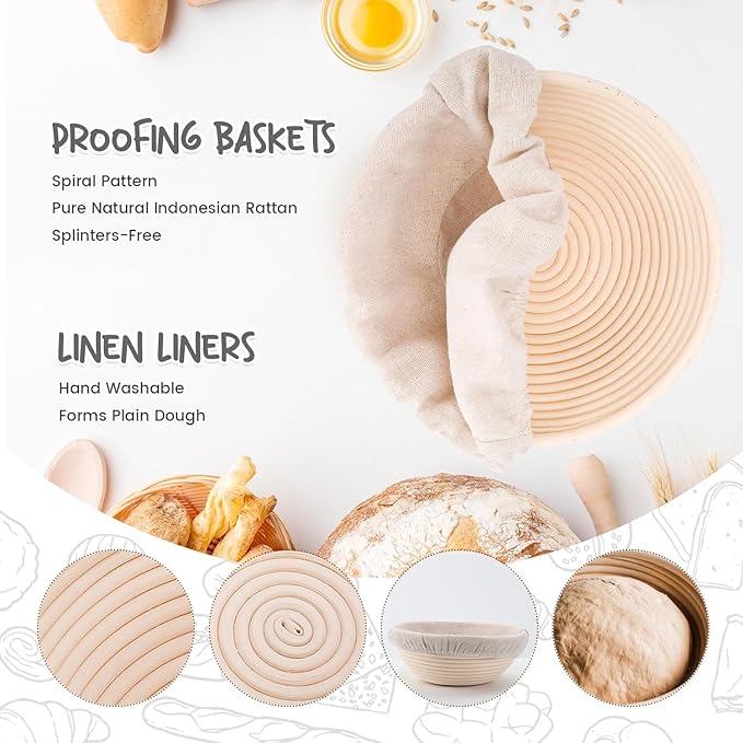 DOYOLLA Round Bread Dough Proofing Rising Rattan Baskets(Set of 2, 9 inch) w/Liners for Home Sourdough Bread Bakers