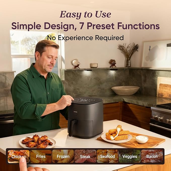 Cosori Air Fryer Pro, Compact 5QT, Ceramic Coating, 7 Presets with Preheat & Keep Warm, 450℉, Easy to use & clean, Shake Reminder, 130+ In-App Recipes, Nonstick & Dishwasher-Safe Basket, Gray