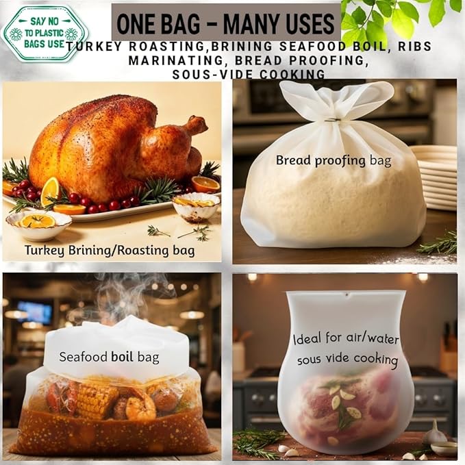 Elkanah Reusable Silicone Turkey Bags for Roasting|Oven Bags|Brining|Cooking|Sous Vide|Seafood Boil|Bread Proofing|Baking Bags Extra Large Size Upto 30lbs | 100% Pure Platinum, 7 Gallon Bag, Reusable Turkey Bag, Baking Utensils