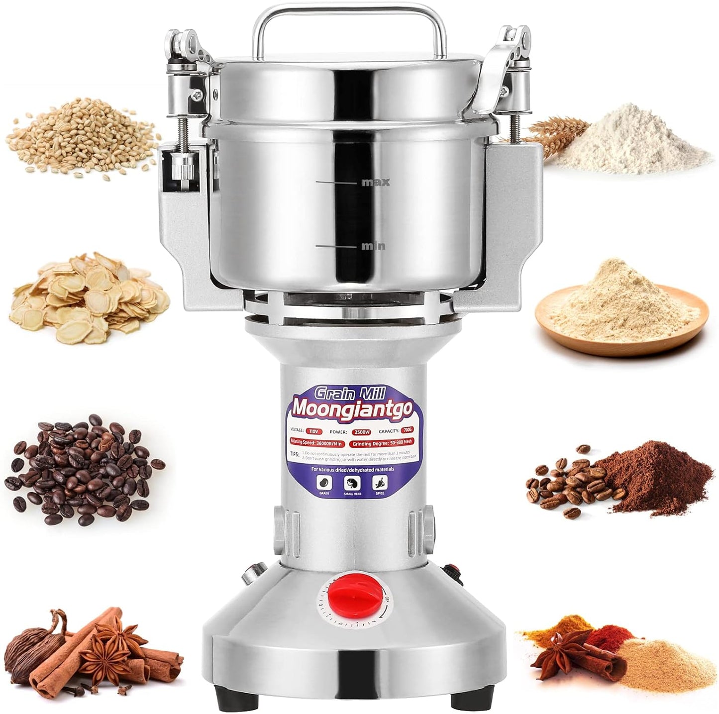 Moongiantgo Grain Mill Grinder Electric 300g Commercial Spice Grinder 1500W Stainless Steel Pulverizer Dry Grinding Machine for Wheat Corn Rice Pepper Herbs Coffee Beans (300g Upright, 110V)