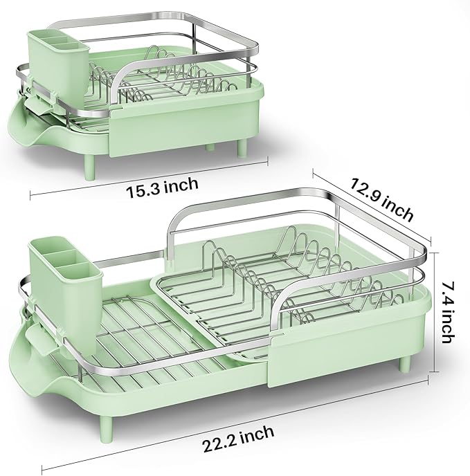 SAYZH Dish Drying Rack - Expandable Dish Rack for Kitchen Counter, Rust-Resistant Dish Drainer with Utensil Holder and Raised Guardrail, Kitchen Organizer for Cup and Bottle (Green)