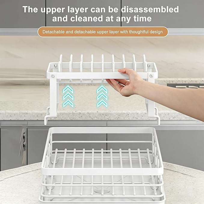 BCWW Drying Rack Dishes Stainless Steel Large Capacity 2-Tier Drying Rack Kitchen Counter Organizer with Cup Holder, Utensil & Cutting Board Storage, Space Saving (White)