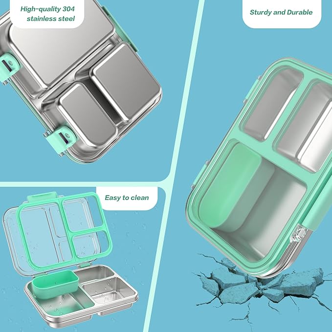 Stainless Steel Bento Box for Kids, 3-Compartment Metal Lunch Box with Clear Lid & Removable Silicone, Lunch Box Kids with Silicone Inner Container for Meal Prep, School, Office (Blue)