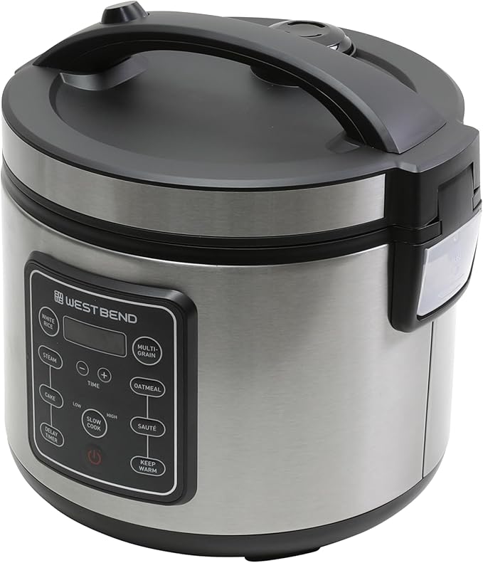 West Bend Rice & Grain Multi Cooker Programmable with 9 Preset Functions, Features Delay Start and Keep Warm Functions and Steam Basket, 20 Cups Cooked (10 cups uncooked), Stainless Steel