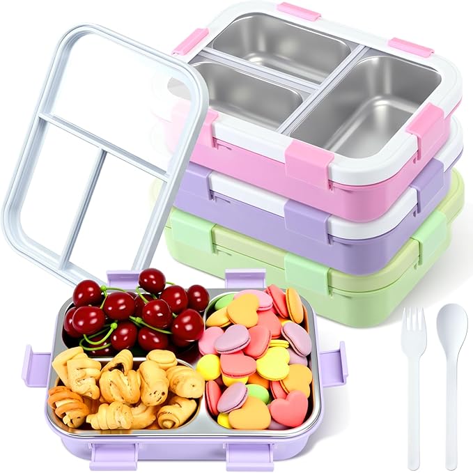 LemonRoad 3 Pcs 304 Stainless Steel Bento Box 24 oz Metal Lunch Box with Spoon Fork 3 Compartment Transparent Lid Dishwasher Safe Leakproof Food Fruit Snack Container for Office Travel (Pastel)