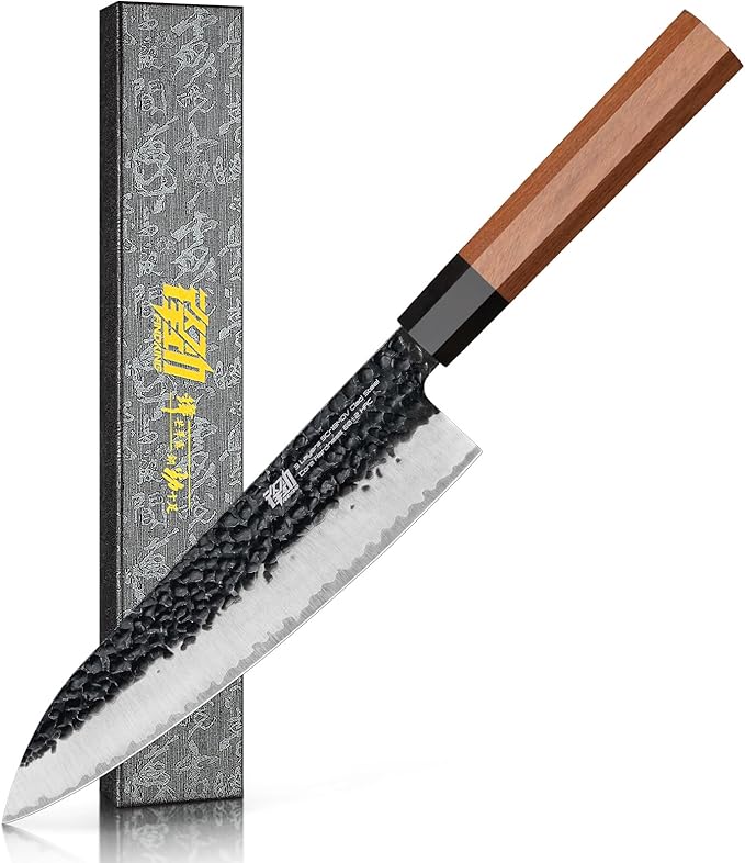 FINDKING Chef’s Knife 8 Inch, All Purpose Cooking Knife with High Carbon Steel Hammered Blade, Rosewood Octagonal Handle, for Meat, Fish, Fruits and Vegetables, Dynasty Series