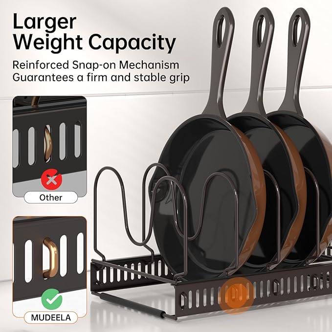 MUDEELA Pots and Pans Organizer Rack for under Cabinet, Expandable Pot Lid Kitchen Cabinet Organizer Holder with 10 Adjustable Compartment Cutting Board Organizer for Pan Lid Cookie Sheet Rack, Bronze