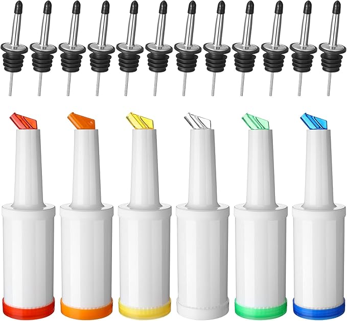 CHENGU Fruit Juice Pour Bottles 34 oz Plastic Liquor Bar Supplies with Stainless Steel Bottle Pourer Tapered Spout for Cocktail Bartending Liquor Juice Store(Multi Colors,6 Pack)