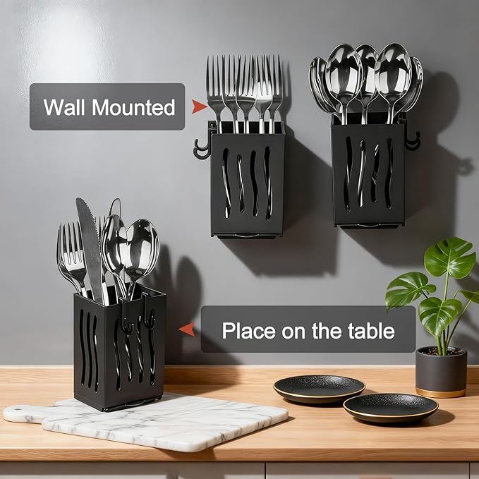 Utensil Drying Rack, 4Pcs Wall Mounted Utensil Holder Kitchen Drainage Basket Accessories, Plastic Dish Drainer Cutlery Knife Fork Spoon Holder Organizer, with Drain tray and Hooks