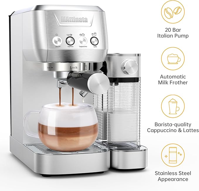 MAttinata CM1632 Cappuccino Machine 20 Bar, Professional Espresso Machines Coffee Maker for Home with Automatic Milk Frothering System, Barista Compact Latte Maker for Coffee Lovers, Stainless Steel