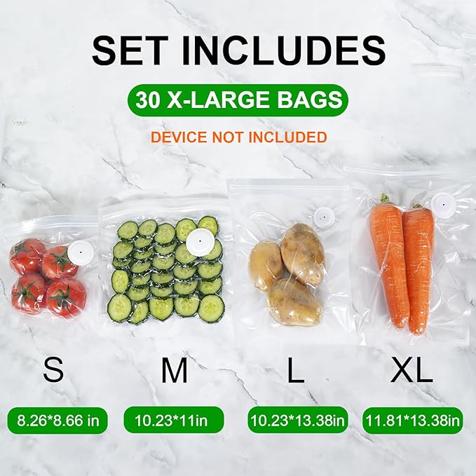 Reusable Vacuum Sealer Bags for Food Storage, 30 Pack BPA-Free (11.81 * 13.38 in), Freezer & Microwave Safe, Odor & Leak Resistant Vacuum Sealer Vacuum Bag