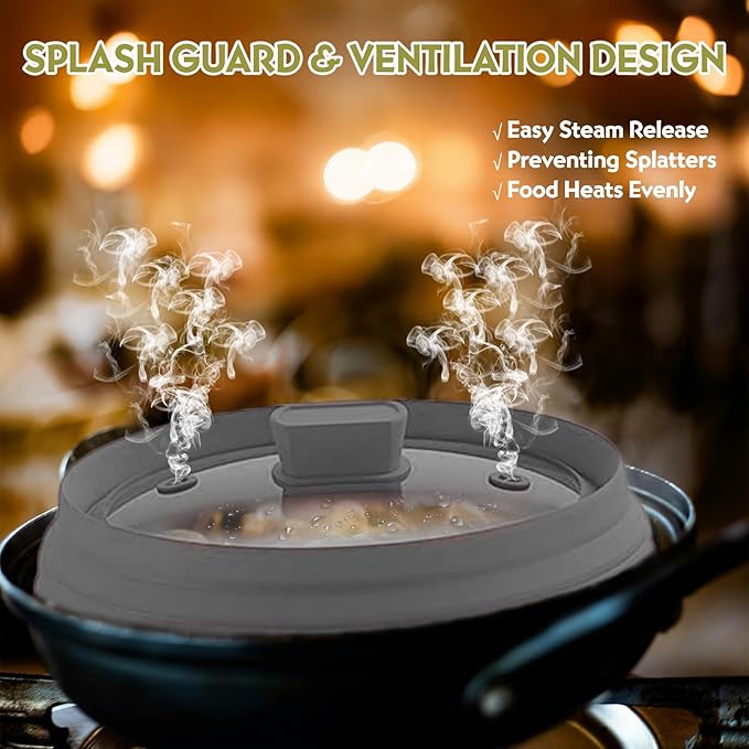 Collapsible Microwave Splatter Cover, Glass Silicone Foldable Microwave Lid for Food, 10.8 Inch Grease Splatter Guard for Pots, Pans & Bowls, Grey