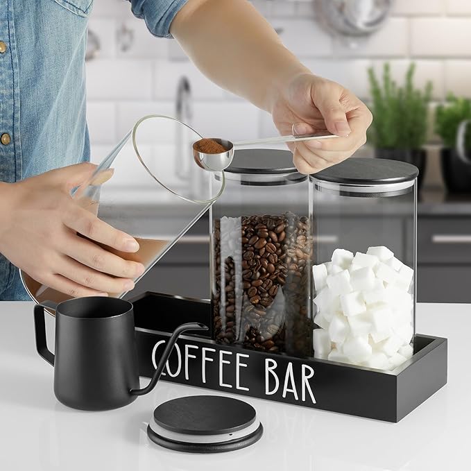 Glass Coffee Canister for Ground Coffee - 3Pcs 45oz Coffee and Sugar Container Set with Airtight Bamboo Lids and Black Tray - Farmhouse Coffee Bean Storage Jars for Coffee Bar Decor and Accessories