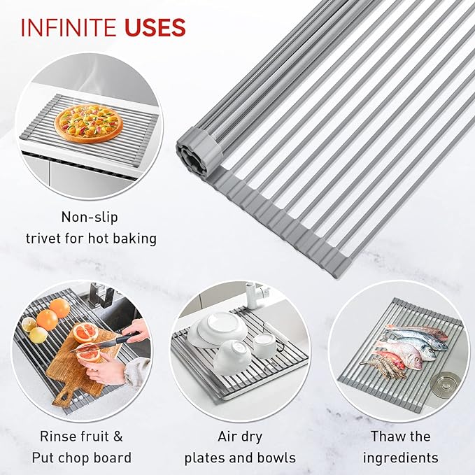 MERRYBOX Roll Up Dish Drying Rack, Silicone Wrapped Over The Sink Dish Rack Foldable Dish Drainer Anti-Slip Dish Racks for Kitchen Counter, Multipurpose Kitchen Sink Drying Rack, 18" x 13", Light Gray