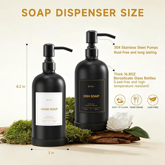 Kitchen Soap Dispenser Set – 16.8oz/500ml Glass Hand and Dish Soap Dispenser with Stainless Steel Pumps & Non-Slip Silicone Base, Luxury Countertop Decor for Home, Airbnb, Vacation Rental (Black)