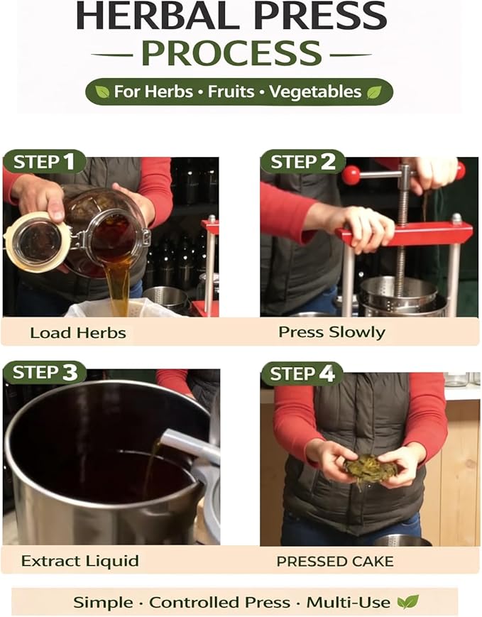 EJWOX 0.53 Gallon Manual Press - Stainless Steel Soft Fruit & Herb Juicer with Filter Bag - Multi-Functional Squeezer for Grapes, Berries, Honey & Cheese - Compact Top-Handle Design for Small Batches