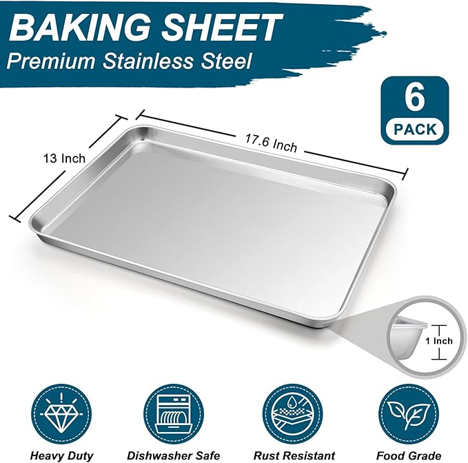TeamFar Baking Sheet Pan, 6 Pack Stainless Steel Half Size Baking Pans Set, Metal Large Cookie Sheets for Baking/Roasting/Serving, Non-Toxic & Heavy Duty, Dishwasher Safe, 17.6” x 13” x 1”
