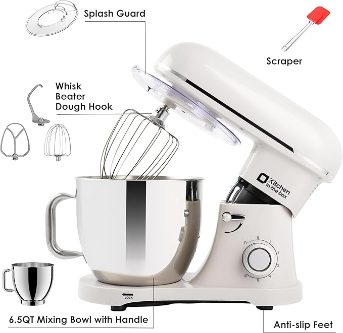 Kitchen in the box Stand Mixer - 6.5 Quart Mixing Bowl with Handle, 900 Watt Heavy Bread Dough Standing Mixers Tilt-head with Dough Hook, Whisk, Flat Beater and Splash Guard (Cream)