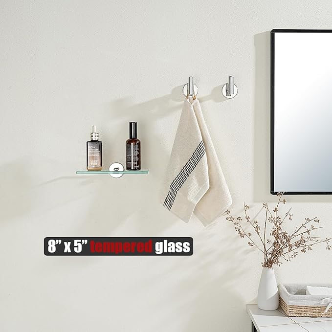 JQK Bathroom Glass Shelf Chrome, Tempered Glass Shower Storage 8 by 5 inches, 304 Stainless Steel Polished Chrome Wall Mount, TGS101L8-CH