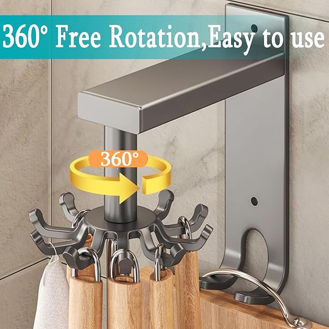 Kitchen Utensil Hanger Multifunctional Rotatable Utensil Hooks Kitchen Utensil Rack Hanging Utensil Holder for Kitchen Utensil Holder Wall Mount Utensil Holder,Grey