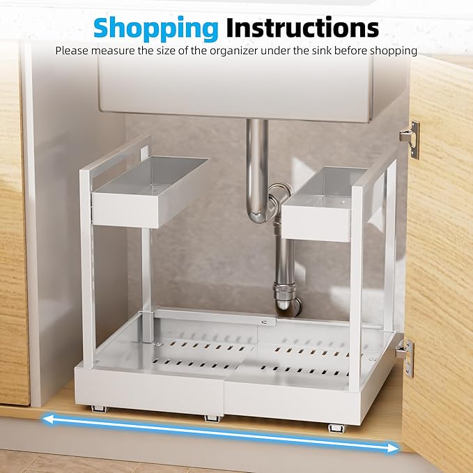 NEWMATIC Adjustable Under Sink Organizer Pull Out Drawers, 2-Tier Slide Out Cabinet Storage Shelf for Kitchen Sink, Height & Width Extendable White, 15''D x 13''-20.5''W x 15''H(1Pack)
