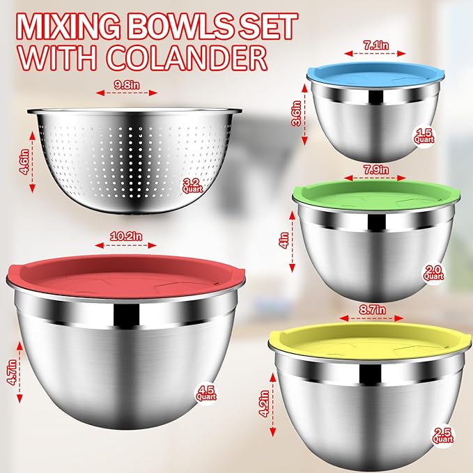 DUTZUN Mixing Bowls with Strainer, Mixing Bowl with Lids Set, Stainless Steel Mixing Bowls, Kitchen Gadgets Salad Bowls with Strainer for Mixing & Preping & Serving, Multicolor