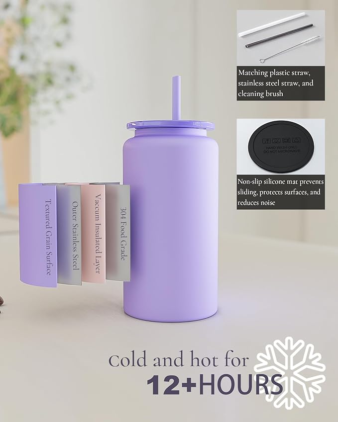 Glass Cups With Lids and Straws, 16oz Stainless Steel Beer and Iced Coffee Cup, Smoothie Drinking Cup, Light Blue (Textured Matte Finish, Not Sublimatable)