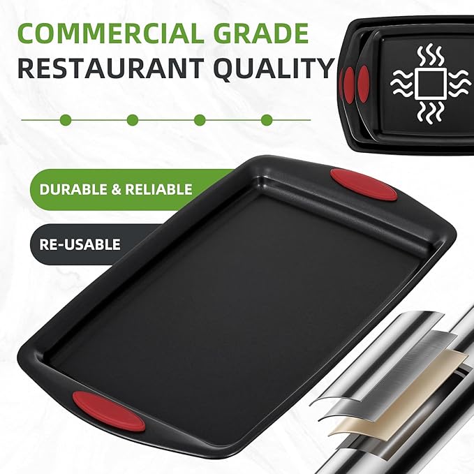 5-Piece Nonstick Baking Pans Set - Premium Carbon Steel Bakeware with PFOA/PFOS/PTFE-Free Coating, Red Silicone Handles (Black Red)