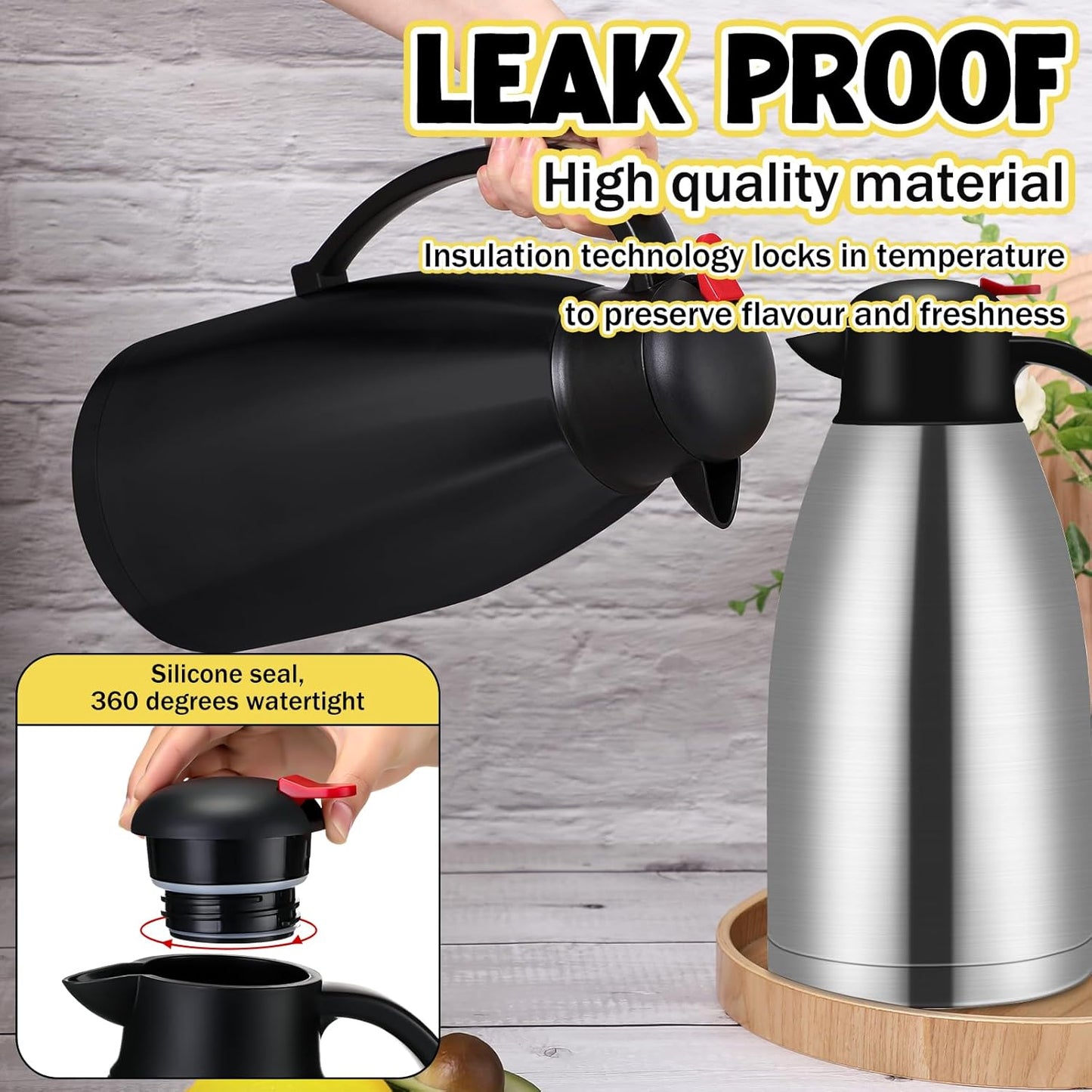 Nuogo 2 Pcs 102 oz Thermal Coffee Carafe Insulated Stainless Steel Carafe Double Walled Vacuum Coffee Thermal Pot with Brush for Home Office Use Keep 24 Hours Hot Water Tea(Silver, Black)