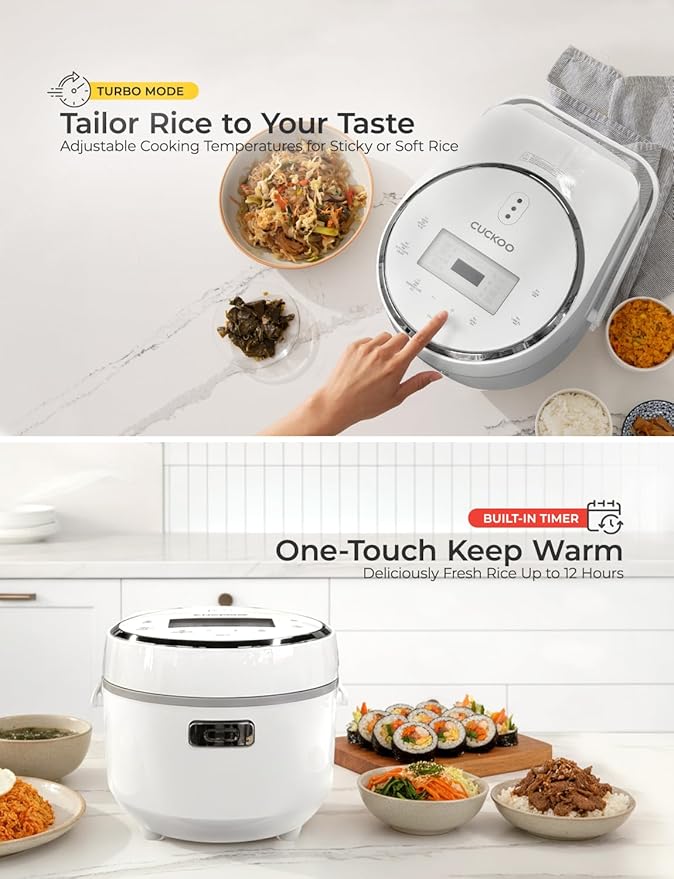CUCKOO Micom Rice Cooker 8-Cup Uncooked / 16-Cup Cooked with Nonstick Inner Pot, Large Rice Maker with 9 Menu Options, Fuzzy Logic Technology, Auto Clean Mode, LCD Display, White (CR-0810F)