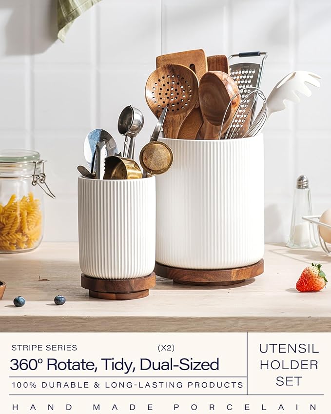 getstar Large Rotating Utensil Holder for Kitchen Counter,7.9"+6" Ceramic Utensils Crocks Set for Countertop Large & Small Utensil Organizer for Spatula Farmhouse Kitchen Decor