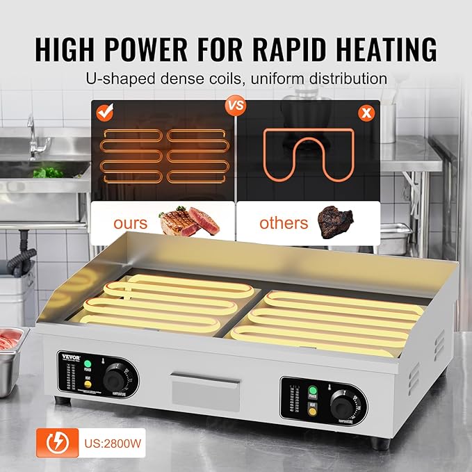 VEVOR Upgraded Commercial Electric Griddle, 2800W Stainless Steel Countertop Flat Top Grill, 26'' Griddle Grill with 2 Shovels and 2 Brushes, 122℉-572 ℉ Adjustable Temp, for Home Restaurant(No Plug)