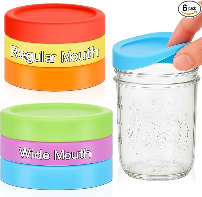 6 Pcs Silicone 3 Wide Mouth and Regular Mouth 3 Regular Mouthlids Mason Jar Lids Thickened Leak Proof Lid, Reusable Large Canning Jar Caps Housewarming Gift (Red Orange Yellow Green Blue Purple)