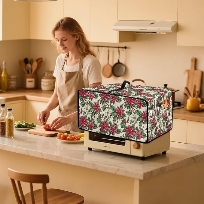 Air Fryer Toaster Oven Dust Cover Dustproof Convection Oven Cover with Side Pockets for Small Kitchen Appliances, S, 14.5 x 18.5 x 9 Inches, Poinsettia Flower Christmas Decor