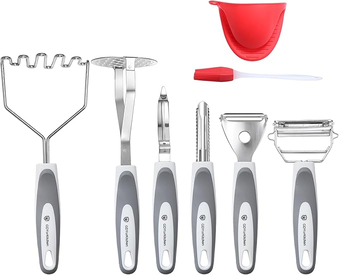 Stainless Steel Potato Masher & Peeler Set (6PCS Set - Gray) - Includes Potato Ricer, Wire Masher, Multi-purpose Peelers, Comfortable Grip Design For Kitchen, Free Silicone Brush and Oven Mitt